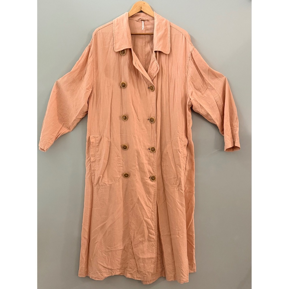 Free People Peach Pink Linen Blend Double Breasted Trench Duster Coat OB776523 S